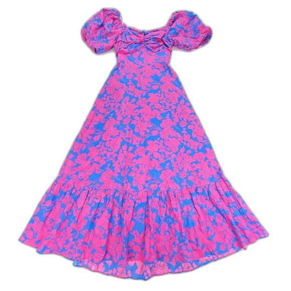 NEW Free the Roses Cottagecore Puff Sleeve Floral Cut Out Maxi Dress Fuchsia - Picture 1 of 8